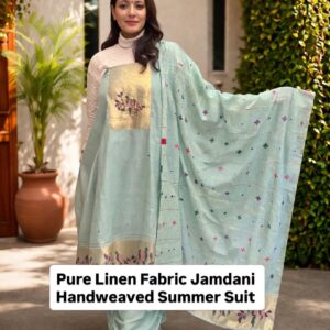 Pure Linen Fabric Hand Weaved Jamdani Unstitched Suit-Light Blue