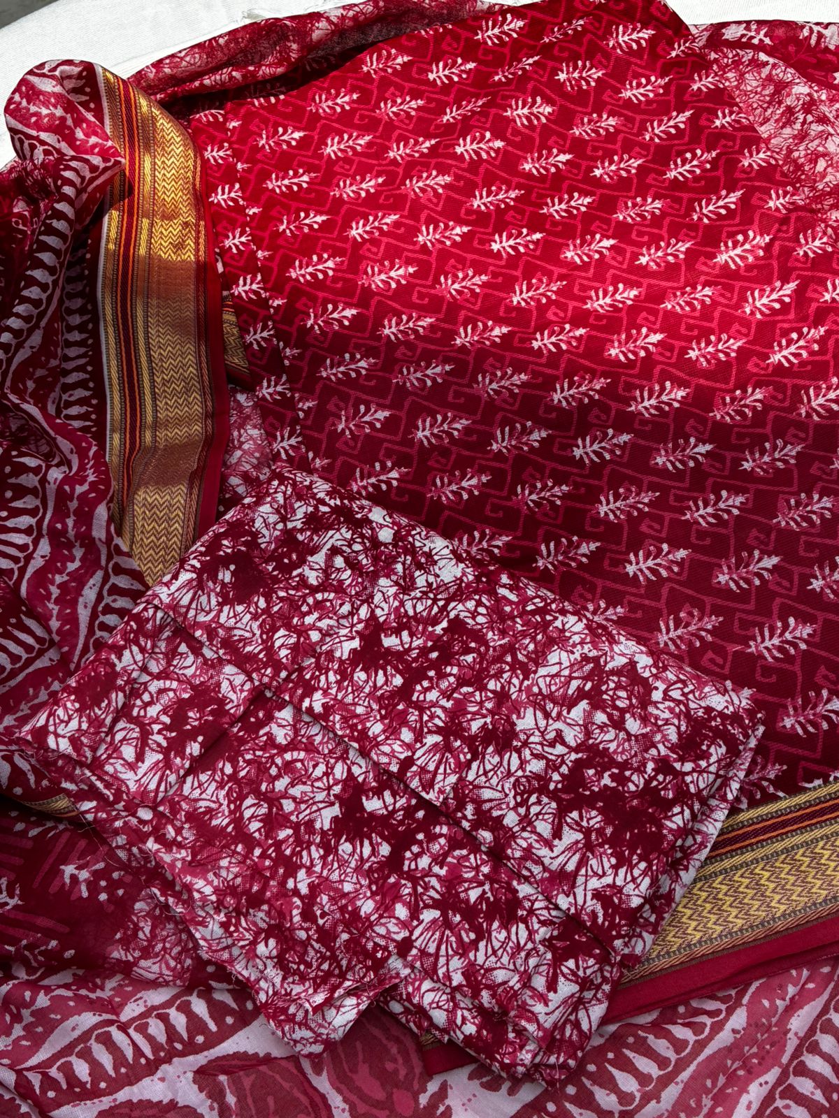 Pure Cotton Red Color Unstitched Suit - Image 3