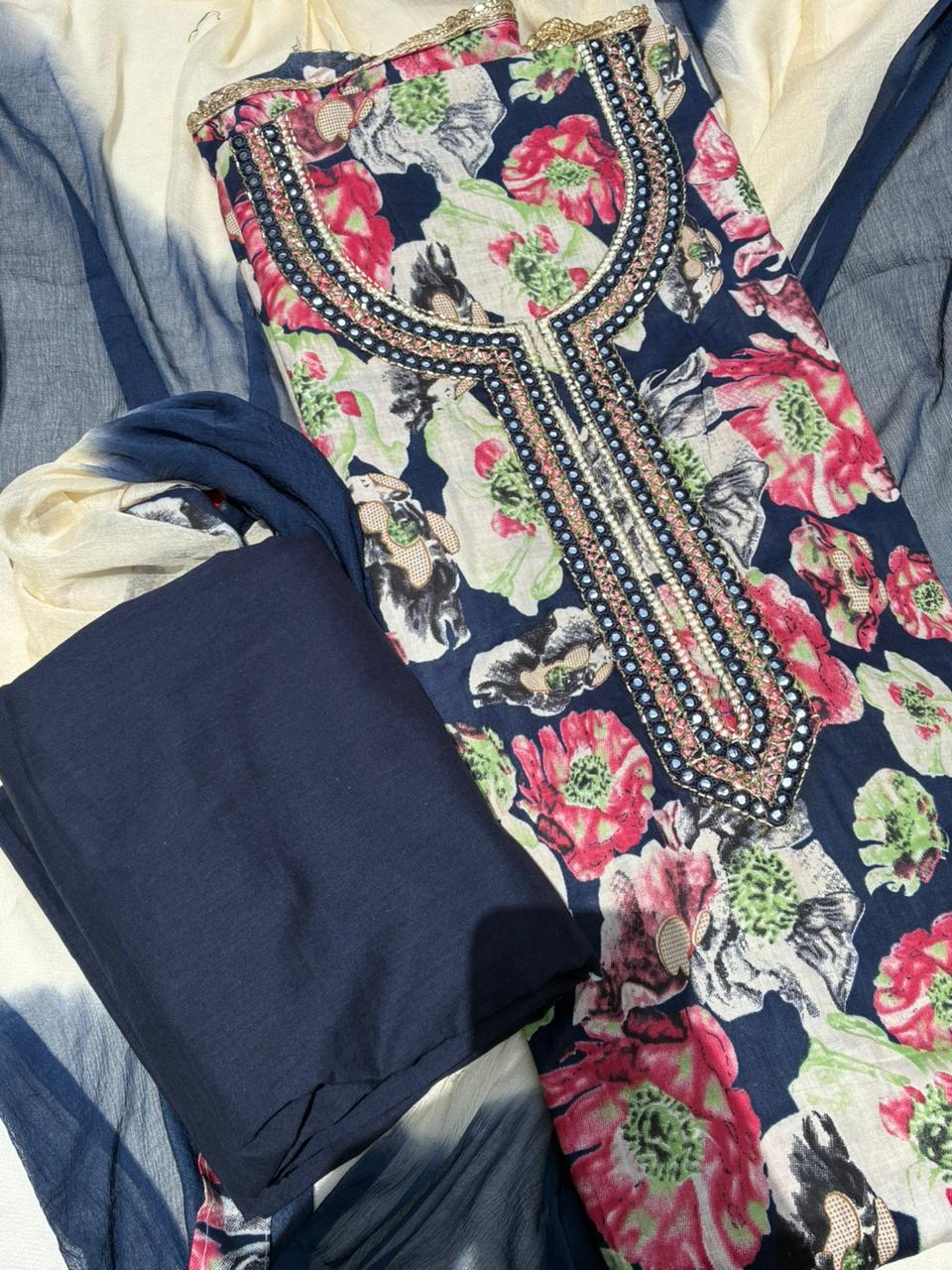 Pure Cotton Floral Print Blue Color Unstitched Suit
