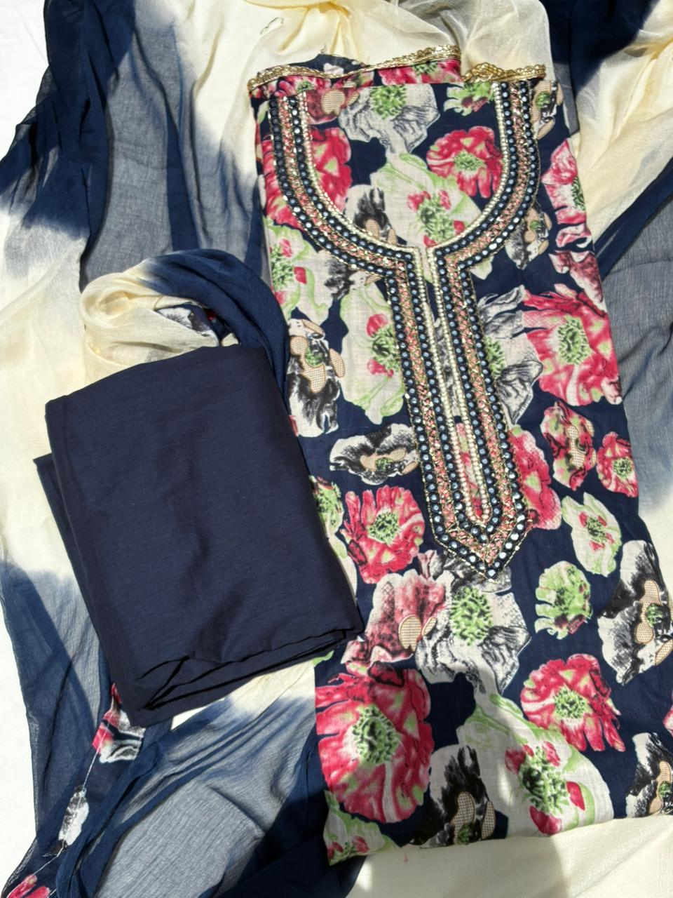 Pure Cotton Floral Print Blue Color Unstitched Suit - Image 2