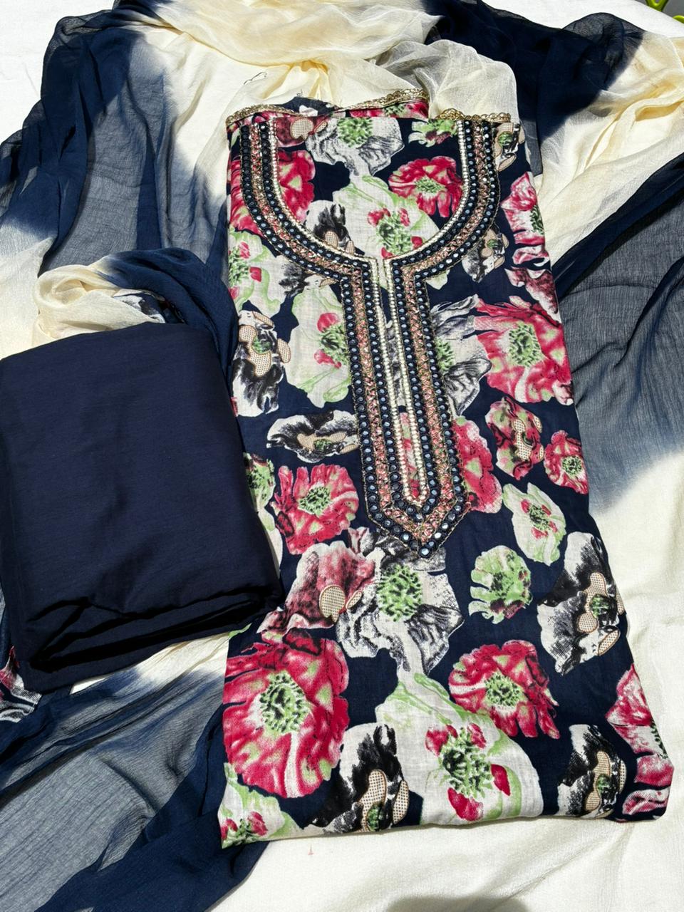 Pure Cotton Floral Print Blue Color Unstitched Suit - Image 3